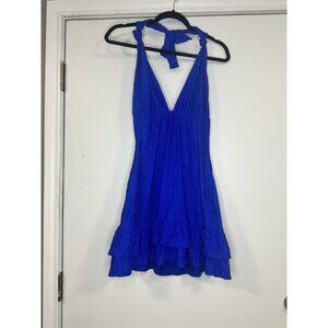 Blue Halter Tie Neck Mini Dress With Ruffle Hem